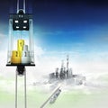 Champion stand in sky space elevator concept above city