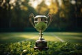 Champions cup gleams, trophy against a blurred green sports field Royalty Free Stock Photo