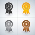 Champions gold, silver and bronze award badges. First, second and third places awards. Vector illustration Royalty Free Stock Photo