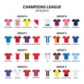 Champions League football jerseys kit 2018 - 2019, soccer teams kit vector icons group stage A - H