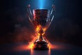 A champions trophy. Golden cup, fire and falling confetti, sport award. Generative AI illustration Royalty Free Stock Photo