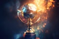 A champions trophy. Golden cup, fire and falling confetti, sport award. Generative AI illustration Royalty Free Stock Photo