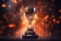 A champions trophy. Golden cup, fire and falling confetti, sport award. Generative AI illustration Royalty Free Stock Photo