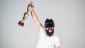 Championship online. Feel victory in virtual reality games. Achieve victory. Hipster virtual gamer got achievement. Man Royalty Free Stock Photo