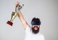 Championship online. Man winner virtual competition. Feel victory in virtual reality games. Achieve victory. Hipster Royalty Free Stock Photo