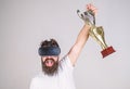 Championship online. Man winner virtual competition. Feel victory in virtual reality games. Achieve victory. Hipster Royalty Free Stock Photo