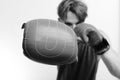 Championship and training concept. Athlete with leather box equipment Royalty Free Stock Photo