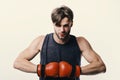 Championship and training concept. Boxer makes hits and punches as training Royalty Free Stock Photo