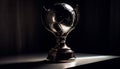 Championship triumph soccer ball on pedestal, gold trophy, black background generated by AI