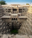 Chand Baori Step well in the village of Abhaneri, Rajasthan State, India, in vertical panoramic view. Royalty Free Stock Photo