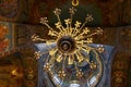 Chandelier and ceiling mosaics in orthodox Church of the Savior, Saint Petersburg, Russia