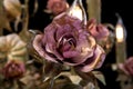 Chandelier close-up classic bronze with curly lampshades flowers and gold leaves.