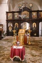 Chandelier in front of the altar in the Orthodox Church of St. Sava in Tivat. Montenegro Royalty Free Stock Photo