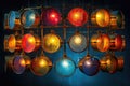 Chandelier made of colored glasses illuminates the room. Royalty Free Stock Photo