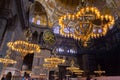 Chandeliers, domes and murals in magnificent and beautiful famous Hagia Sophia mosque