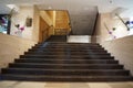 Chandigarh, India - November 2019: Luxurious staircase with marble steps and decorative and ornamental iron and glass railings.