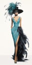 Fashion Illustration: Woman In Long Blue Dress With Feathered Hat Royalty Free Stock Photo