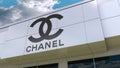 Chanel logo on the modern building facade. Editorial 3D rendering