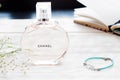 Chanel perfume on white wooden background