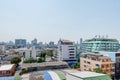 Chang glass buildings in Bangkok city with blue sky background showing its design and traffic. Bangkok, Thailand April 14, 2018