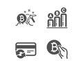 Change card, Bitcoin mining and Graph chart icons. Bitcoin pay sign. Vector