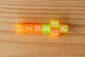 CHANGE & CHANCE text with color letters cubes on wooden background. Minimal business concept Royalty Free Stock Photo