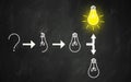 Change and choice concept, success way, business perspective probabilities. black bulb transformed to light bulb on blackboard or Royalty Free Stock Photo