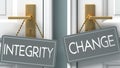 Change or integrity as a choice in life - pictured as words integrity, change on doors to show that integrity and change are