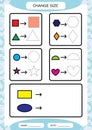 Change size. Different shape sizes. Small, large. Learning Basic Shapes. Color, Trace, and Draw. Worksheet for preschool