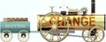 Change and success - symbolized by a retro steam car with word Change pulling a success wagon loaded with gold bars to show that