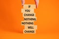 Change symbol. Wooden blocks with words `If you change nothing, nothing will change`. Businessman hand. Beautiful orange Royalty Free Stock Photo