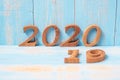 Change 2019 to 2020 number on blue wood background, Business Goals, Mission, Vision, Resolution, Happy New Year New Start and Royalty Free Stock Photo