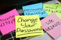 Change your password. Laptop with pieces of paper Royalty Free Stock Photo