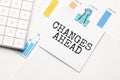 Changes Ahead text concept. Office workplace table with calculator, graphs, reports and the text Budget 2021 on a small piece of