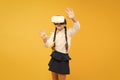 Changing digital experiences way we learn and create. Digital virtual future and innovation. Little child in VR headset