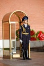 Changing guard soldiers in Alexander`s garden near eternal flame in Moscow, Russia Royalty Free Stock Photo