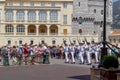 Changing of guard, soldiers in beautiful white military uniform of Palais Square of Monaco,