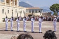 Changing of guard, soldiers in beautiful white military uniform of Palais Square of Monaco,