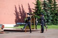 Changing of the guard at the Tomb of the Unknown Soldier in Aleksandrovsk to a garden. Moscow