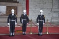 Changing of the guards ceremony against the statue of Chiang Kai-Shek in memorial hall
