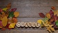 Changing leaves on wood with letters CHANGE