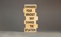 Changing mindset symbol. Concept words Changing your mindset may change the situation on wooden blocks on a beautiful grey table Royalty Free Stock Photo