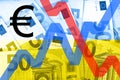 Changing rates of euro value during war in Ukraine. 3D rendering illustration of red and blue charts and euro symbol on money back