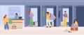 changing room background. people trying clothes background, cartoon male and female characters fitting clothes, clothes