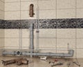 Changing rusty old pipes with new pipes in bathroom interior, Royalty Free Stock Photo