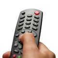 Changing TV program: close up of human hand holding television remote control isolated on white background Royalty Free Stock Photo