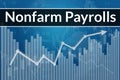 Changing value of Nonfarm payrolls on blue finance background from graphs, charts, columns, candles, bars, numbers. Trend Up and