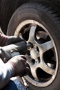 Changing the wheels in the automobile repair shop