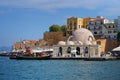 Chania, Crete, October 2018, Panoramic view of the waterfront of the city of Xania with the mosque