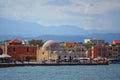 Chania, Crete, October 2018, Panoramic view of the waterfront of the city of Xania with the mosque